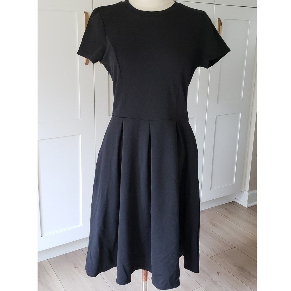 Oxiuly Fit and Flare Dress Womens Medium Black Pleated Skirt Workwear LBD